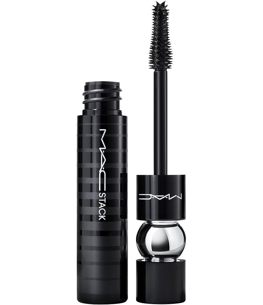 MAC MACStack Mascara 12ml tube with black mascara and brush, showcasing the makeup product for lash volume and length.