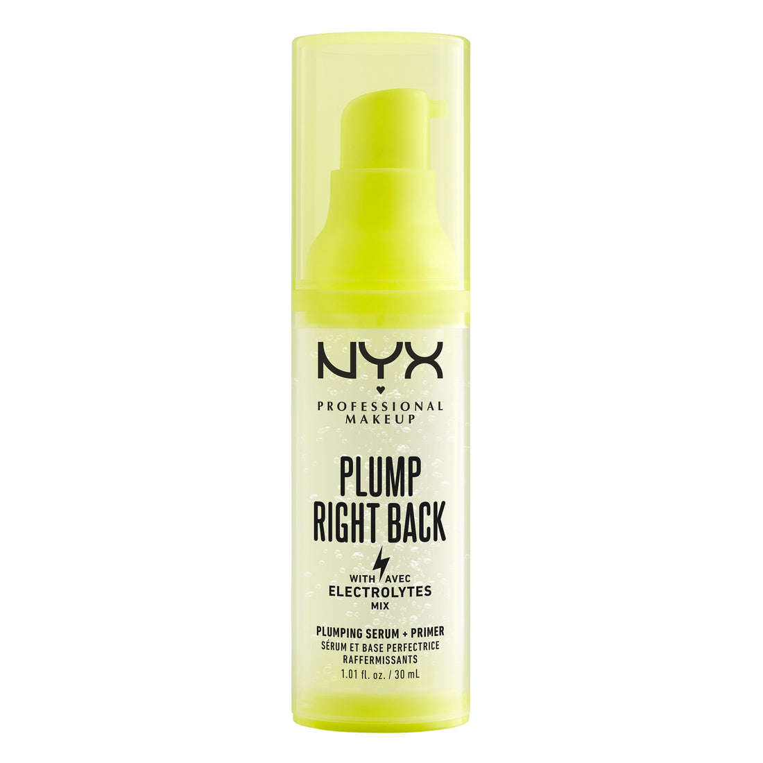 NYX Professional Makeup Plump Right Back Primer and Serum in 30ml bottle, showcasing sleek packaging and product details