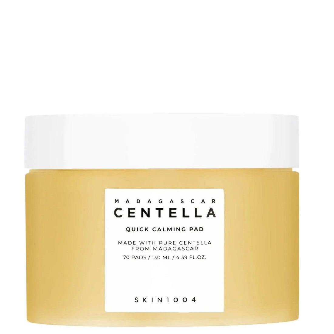 SKIN1004 Madagascar Centella Quick Calming Pad in 130ml container, K-Beauty skincare product with soothing ingredients.