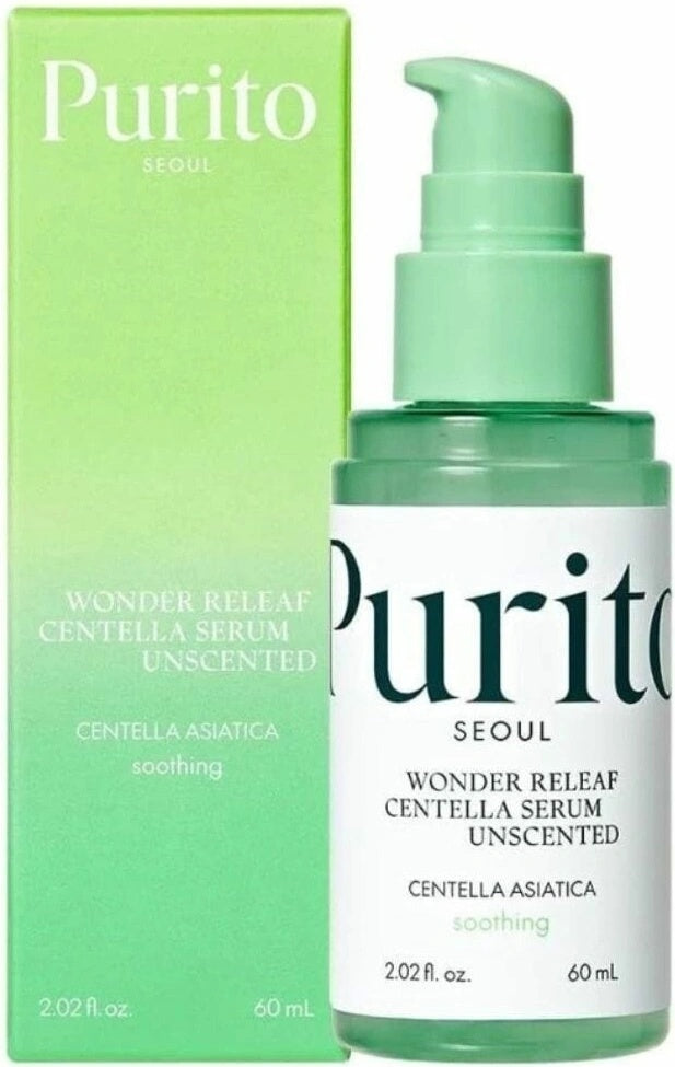 Purito Wonder Releaf Centella Serum Unscented 60ml bottle, K-Beauty skincare product with a sleek design.