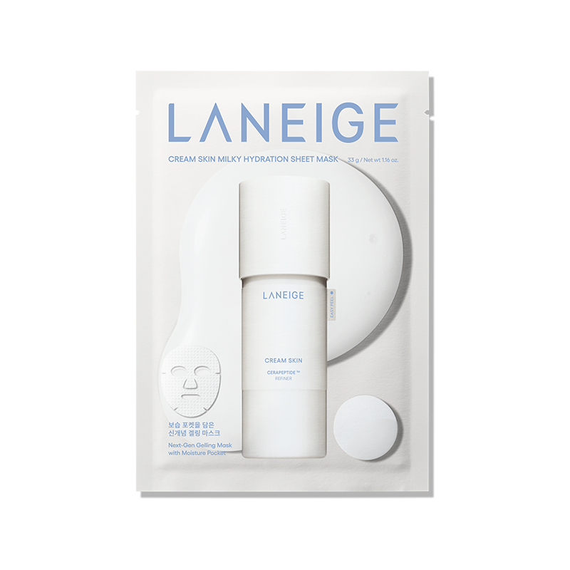 Laneige Cream Skin Milky Hydration sheet mask, K-beauty skincare product in 33g packaging with a soothing, milky texture.