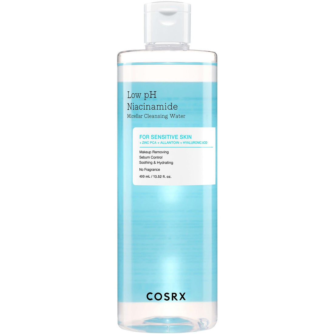 COSRX Low pH Niacinamide Micellar Cleansing Water in a 400ml bottle, featuring a clear liquid with a minimalist label, ideal for K-Beauty skincare.
