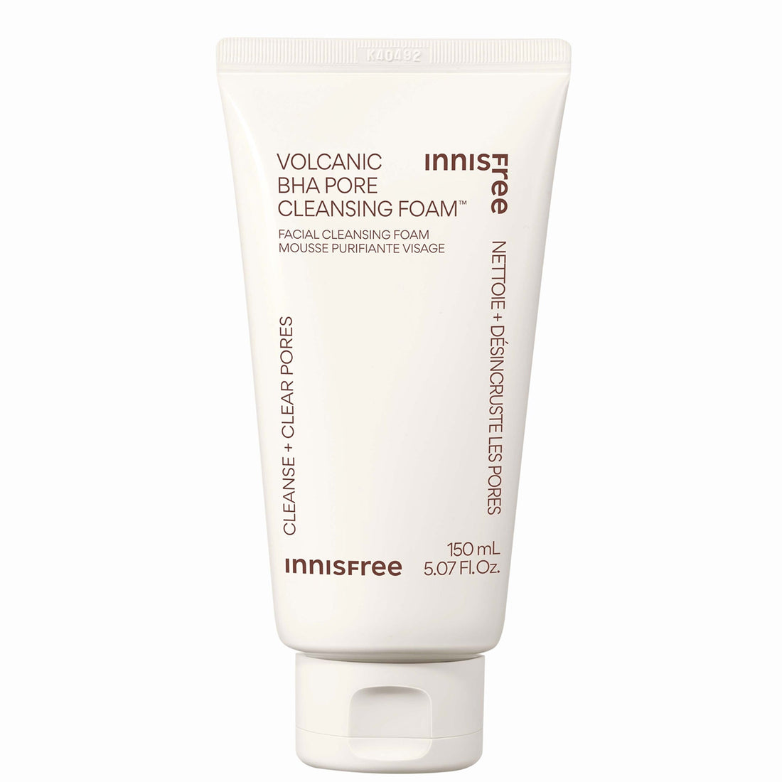 Innisfree Volcanic BHA Pore Cleansing Foam in a 150ml tube, showcasing the K-Beauty skincare product with volcanic clay ingredients.