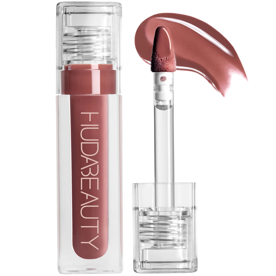 Huda Beauty Faux Filler Extra Shine Lip Gloss in various shades, showing glossy lips with a smooth, shiny finish.