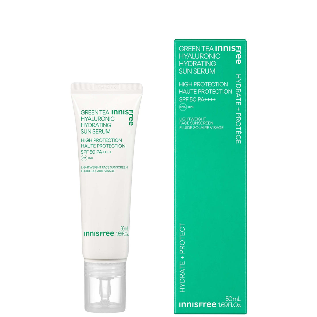 Innisfree Green Tea Hyaluronic Hydrating Sun Serum SPF50 PA++++ in 50ml bottle, K-Beauty skincare with green tea extract and hydrating formula