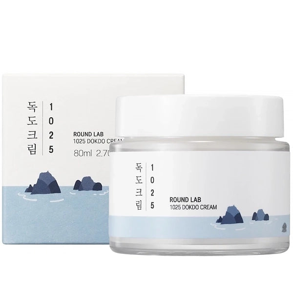 Round Lab 1025 Dokdo Cream in 80ml jar, K-Beauty skincare product with white container and minimalist label on a clean background.