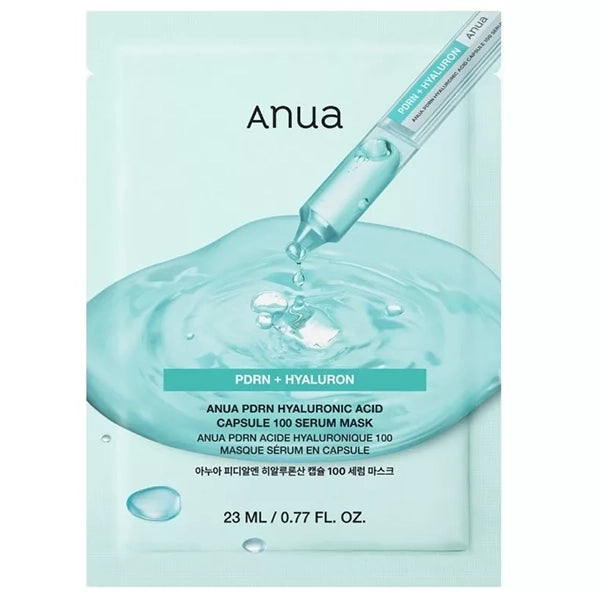 Anua PDRN Hyaluronic Acid Capsule 100 serum mask in a 23ml K-Beauty skincare product, featuring a translucent mask with capsule packaging.