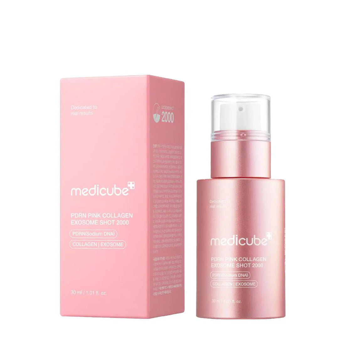 Medicube PDRN Pink Collagen Exosome Shot 2000 in a 30ml bottle, K-Beauty skincare product with a pink packaging design.