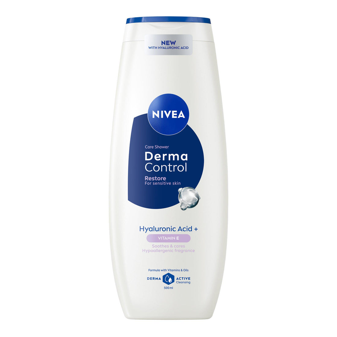 NIVEA Derma Control Restore Shower Gel in a 500ml bottle, designed for gentle cleansing and skin care.