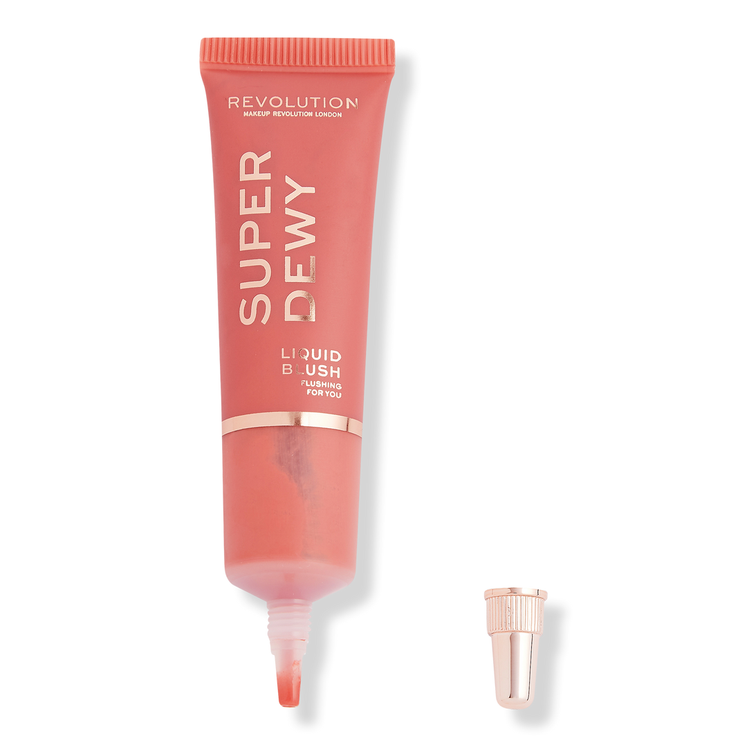 Revolution Beauty Superdewy Liquid Blush in a sleek bottle, showing the vibrant pink shade and smooth liquid formula for rosy cheeks.