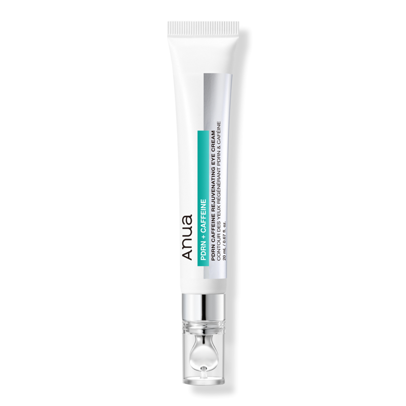 Anua PDRN Caffeine Rejuvenating Eye Cream in a 20ml tube, featuring a sleek packaging with a white and blue design.