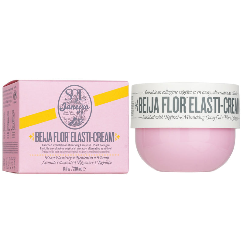 Sol de Janeiro Beija Flor Elasti-Cream in 240ml jar, a body care product with smooth cream texture and vibrant packaging.
