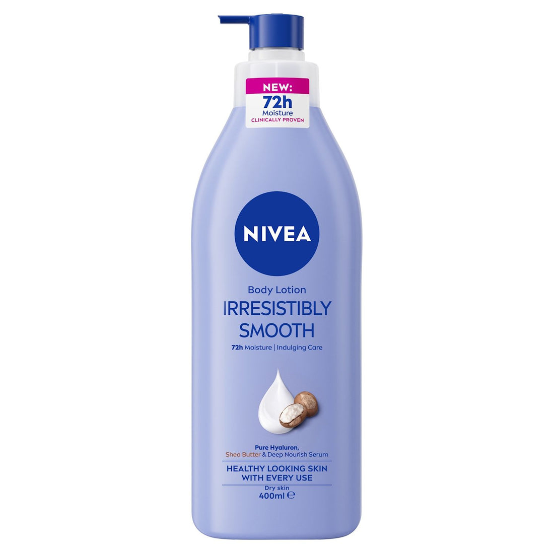 NIVEA Irresistibly Smooth Body Lotion in a 400ml bottle, showcasing the creamy moisturizer for soft, smooth skin.