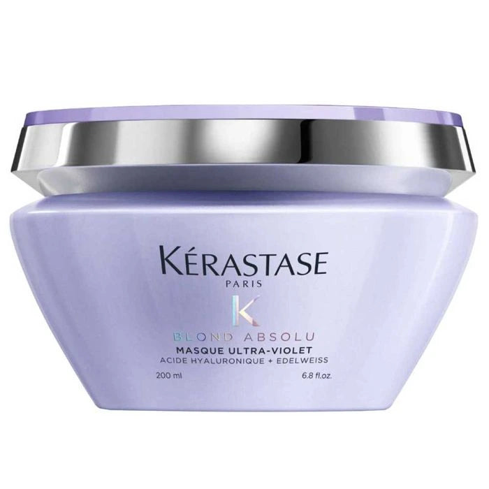 Kérastase Blond Absolu Masque Ultra-Violet hair treatment in a 200ml jar, designed to neutralize yellow tones in blonde hair.