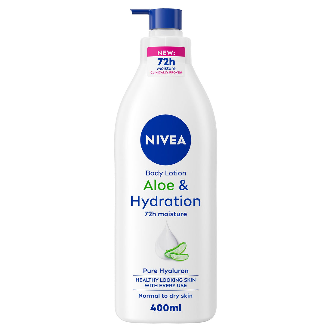 NIVEA Aloe & Hydration Body Lotion 400ml bottle, featuring light green design and pump dispenser for nourishing skin care.