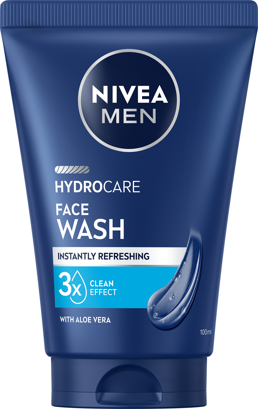 NIVEA MEN Hydrocare 3x Clean Effect face wash bottle, 100ml, men's grooming product with clear label and blue packaging.
