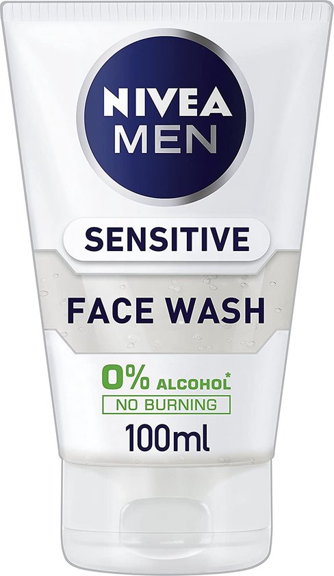 NIVEA MEN Sensitive Face Wash 100ml bottle, men's grooming product with clear label, designed for gentle facial cleansing.