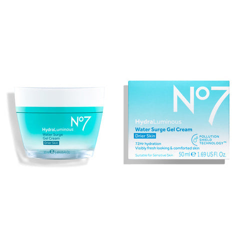 No7 HydraLuminous Water Surge Gel Cream in 50ml jar, a lightweight moisturizer with a hydrating, luminous formula for the face