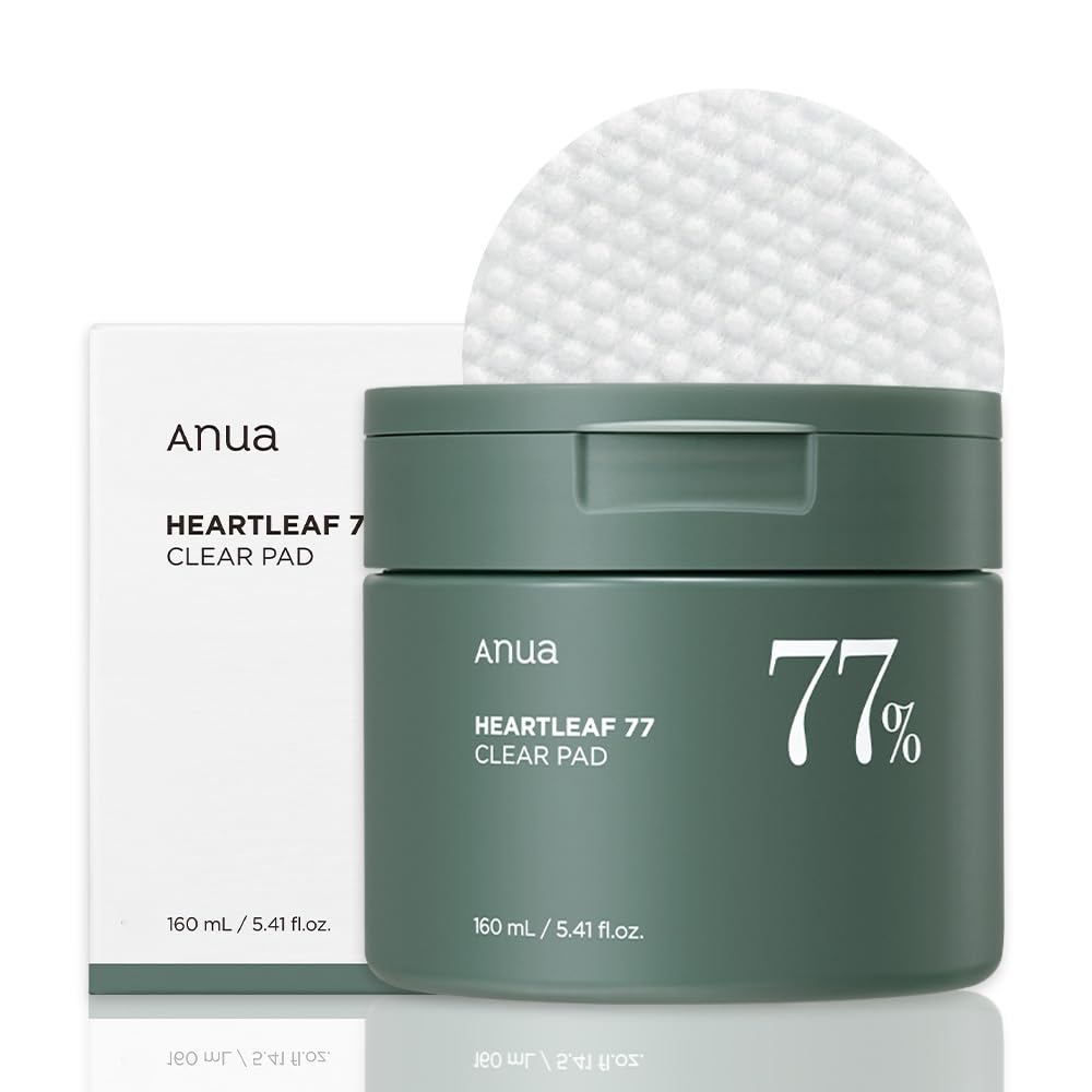 Anua Heartleaf 77% Clear Toner Pads in a 160ml jar, featuring K-Beauty skincare with heartleaf extract for soothing and clear skin.