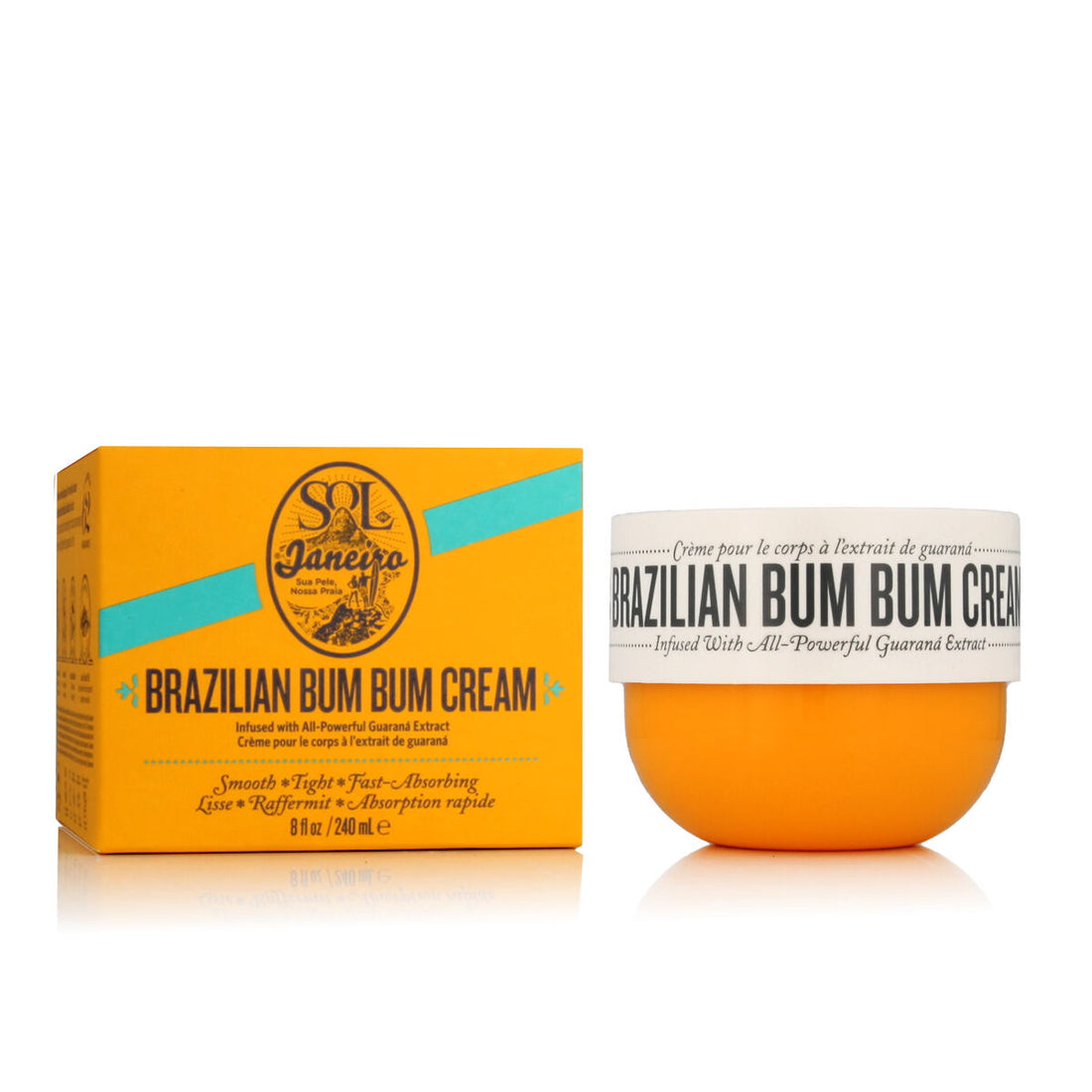 Sol de Janeiro Brazilian Bum Bum Cream 240ml jar with vibrant packaging, designed for body care and skin firming.