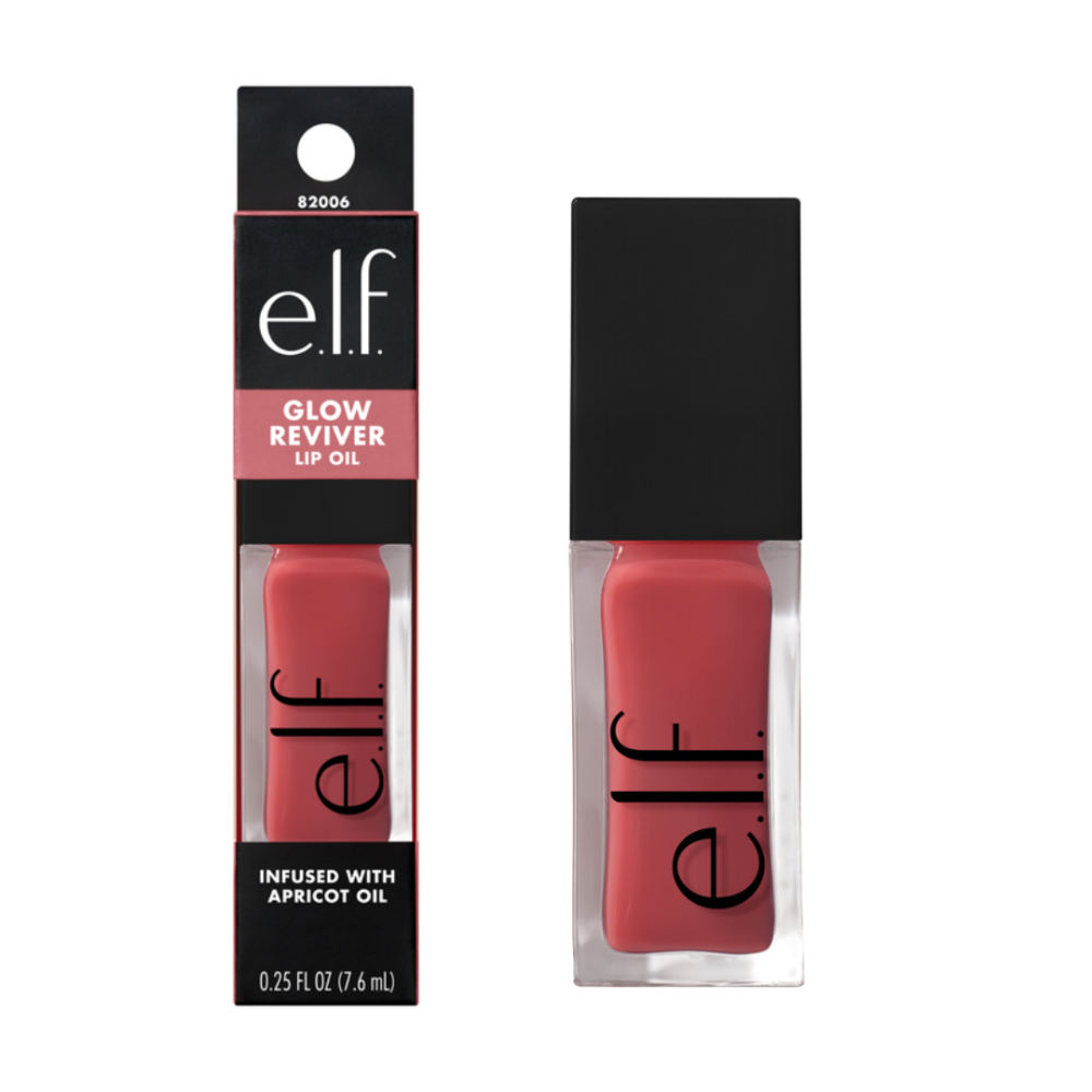 e.l.f. Cosmetics Glow Reviver Lip Oil in 7.6ml, showing the clear lip oil bottle with a white cap on a white background.