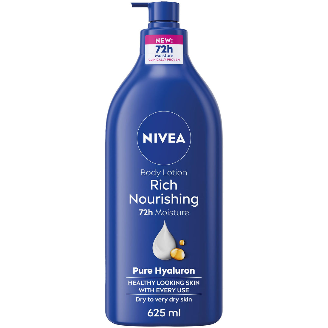 NIVEA Rich Nourishing Body Lotion 625ml bottle showing the pump dispenser and label for soft, hydrated skin.