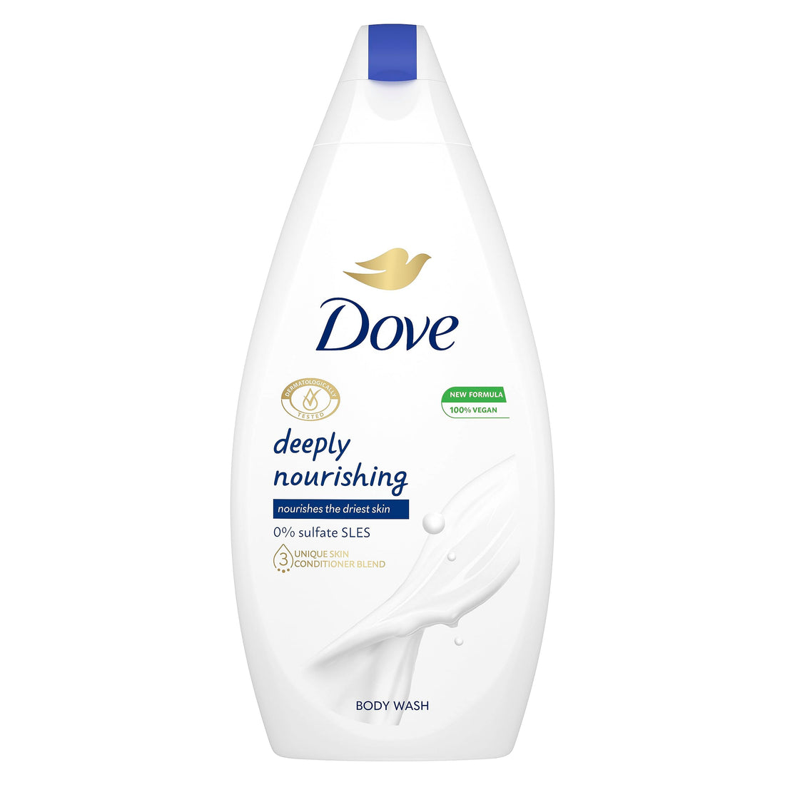 Dove Deeply Nourishing Body Wash in 450ml bottle, suitable for bath and shower use, with creamy texture and gentle formula.