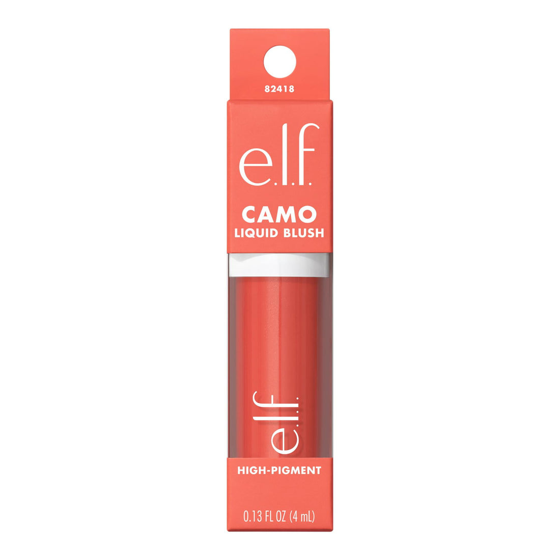 e.l.f. Cosmetics Camo Liquid Blush in Coral Crush, 4ml, showing the vibrant coral liquid blush with applicator wand.