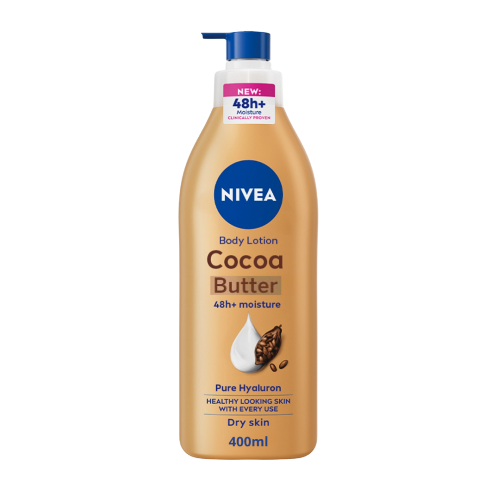 NIVEA Cocoa Nourish Body Lotion 400ml bottle with cocoa butter, designed for nourishing and moisturizing skin.