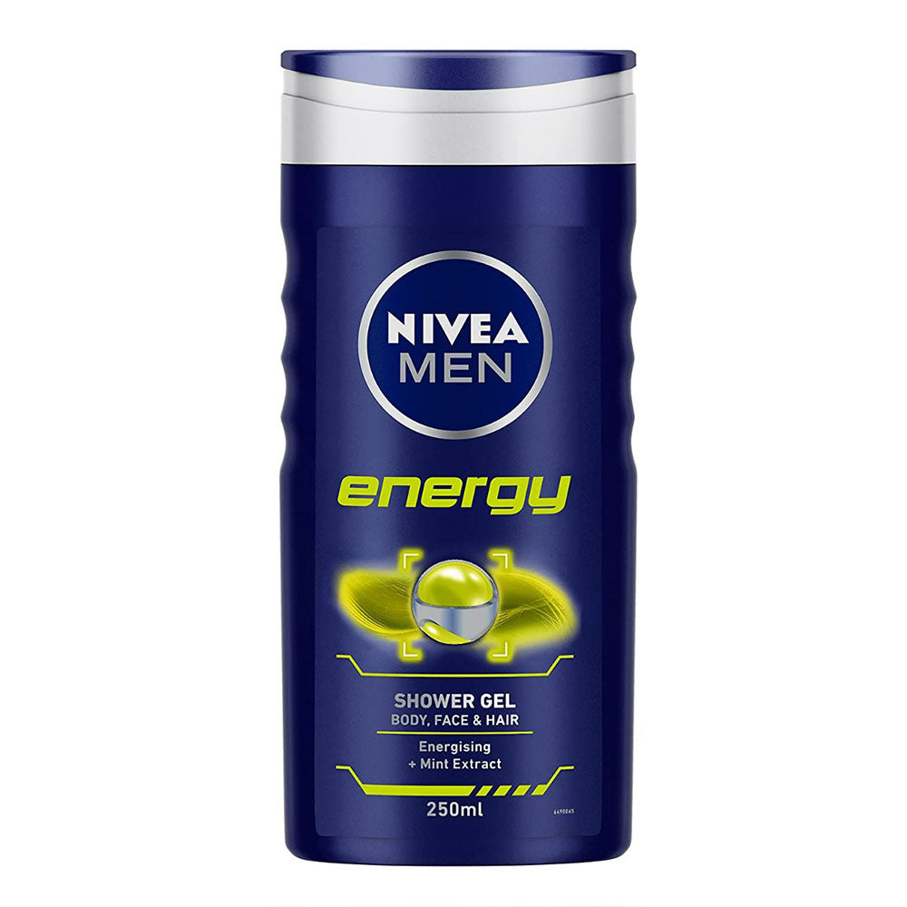 NIVEA MEN Fresh Energy Shower Gel 250ml bottle with blue and white label, designed for men's grooming and energizing shower routines.