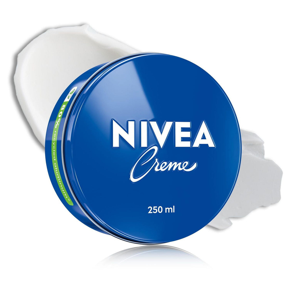 NIVEA Creme Face, Hand & Body Tin 250ml, body care product with white cream visible inside the open metal tin.