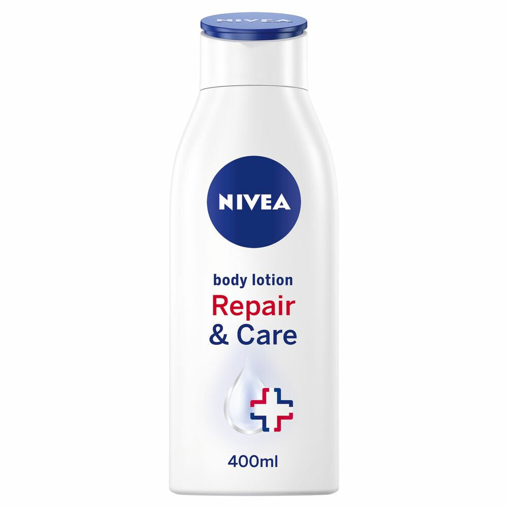 NIVEA Repair & Care Body Lotion 400ml bottle, creamy white lotion with blue cap, designed for nourishing skin care.
