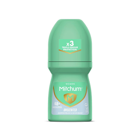 Mitchum Roll-On Antiperspirant Deodorant 50ml in unperfumed formula, shown in a clear bottle with a white cap.