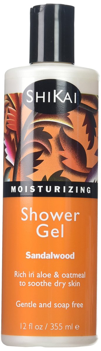 Shikai Sandalwood Shower Gel in 12 oz bottle, bath and shower product with sandalwood scent and clear liquid inside.