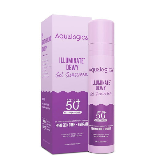 Aqualogica Illuminate+ Dewy Sunscreen SPF 50+ PA++++ with wild berries and alpha arbutin, 50g, in a white tube.