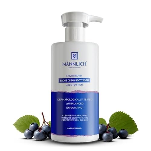 MANNLICH 2% Salicylic Acid Body Acne Wash for Men in a 10.58 oz bottle, designed for men's grooming and acne treatment.