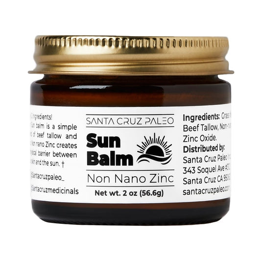 Santa Cruz Paleo Beef Tallow Sun Balm with Non-Nano Zinc Oxide, 2 oz, natural sun care and SPF product in a jar.