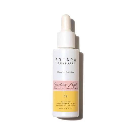 Solara Suncare Guardian Angel Super Peptide Sunscreen Milk SPF 50 in 1 fl oz bottle, sun care product with broad-spectrum SPF protection.