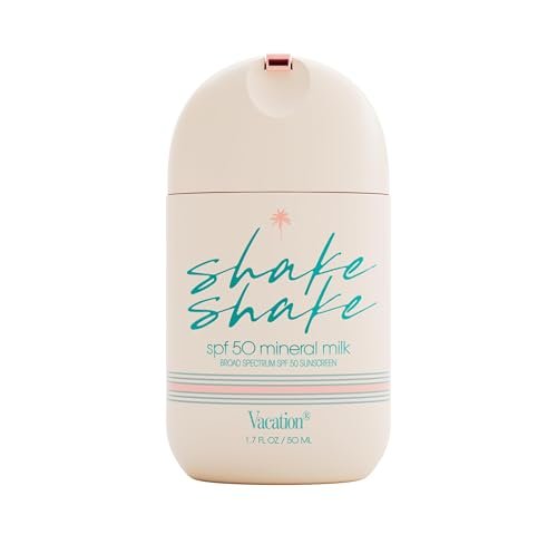 Vacation Shake Shake SPF 50 Mineral Milk sun care lotion in a 1.7 fl oz bottle, designed for sun protection and skin hydration.