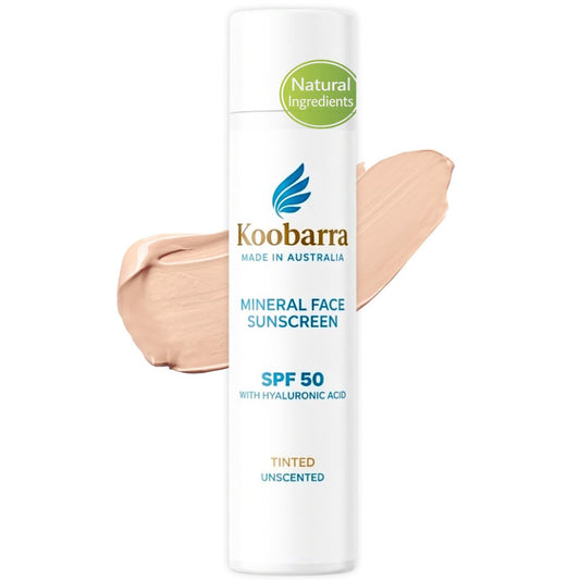 Koobarra Mineral Face Sunscreen SPF 50 tinted in a 100g tube, designed for face sun protection with mineral formula.