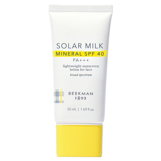 Beekman 1802 Solar Milk Mineral Sunscreen SPF 40 PA+++ bottle with pump dispenser, sun care product for protecting skin from UV rays