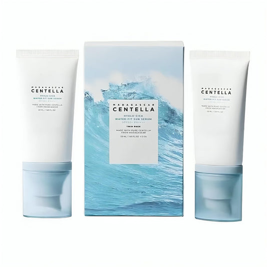 SKIN1004 Madagascar Centella Hyalu-Cica Water-Fit Sun Serum SPF 50 in 50ml bottle, showing the serum bottle with product label.