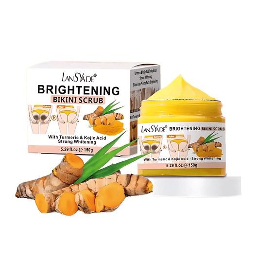 Brightening bikini scrub with turmeric and kojic acid from Britains Beauty, showing the 150g body care product in a jar.