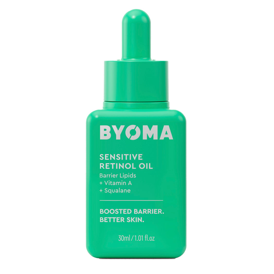 BYOMA Sensitive Retinol Oil 30ml, a facial serum in a clear bottle with dropper, designed for gentle skin treatment.