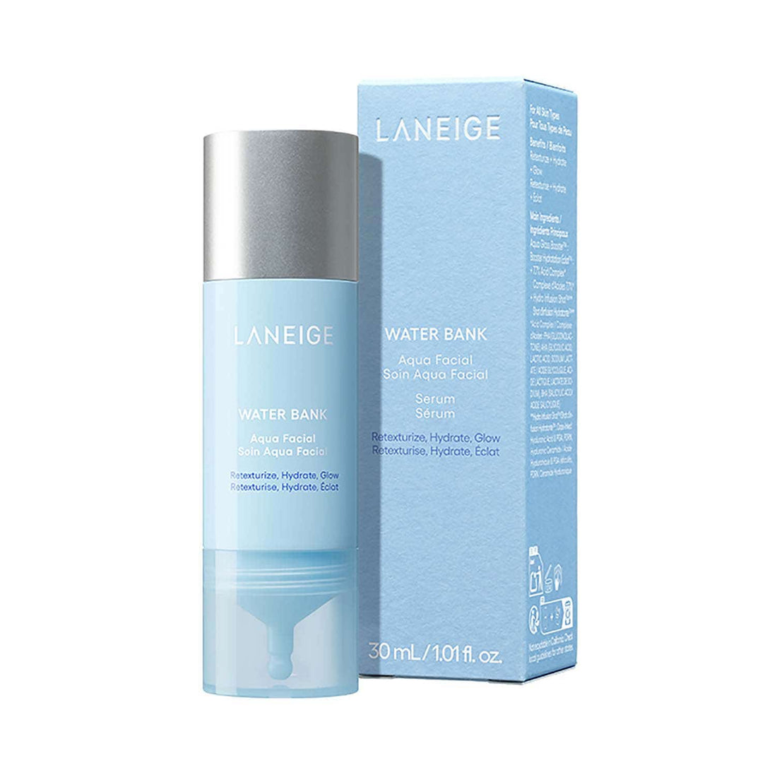 Laneige Water Bank Aqua Facial Serum in a 30ml bottle, featuring clear glass packaging and a pump dispenser for hydration.