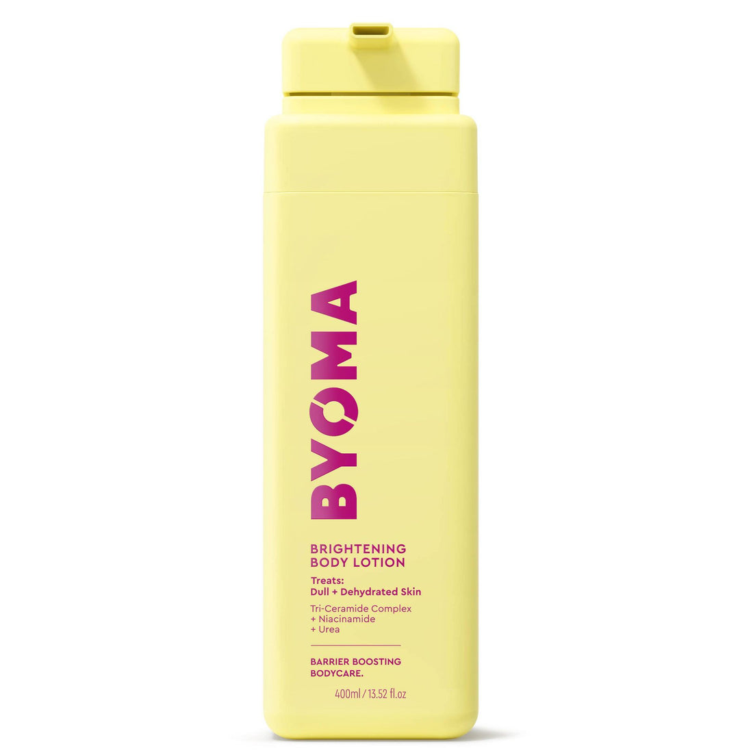 BYOMA Brightening Body Lotion 400ml bottle, creamy texture, and smooth application for radiant skin in body care.