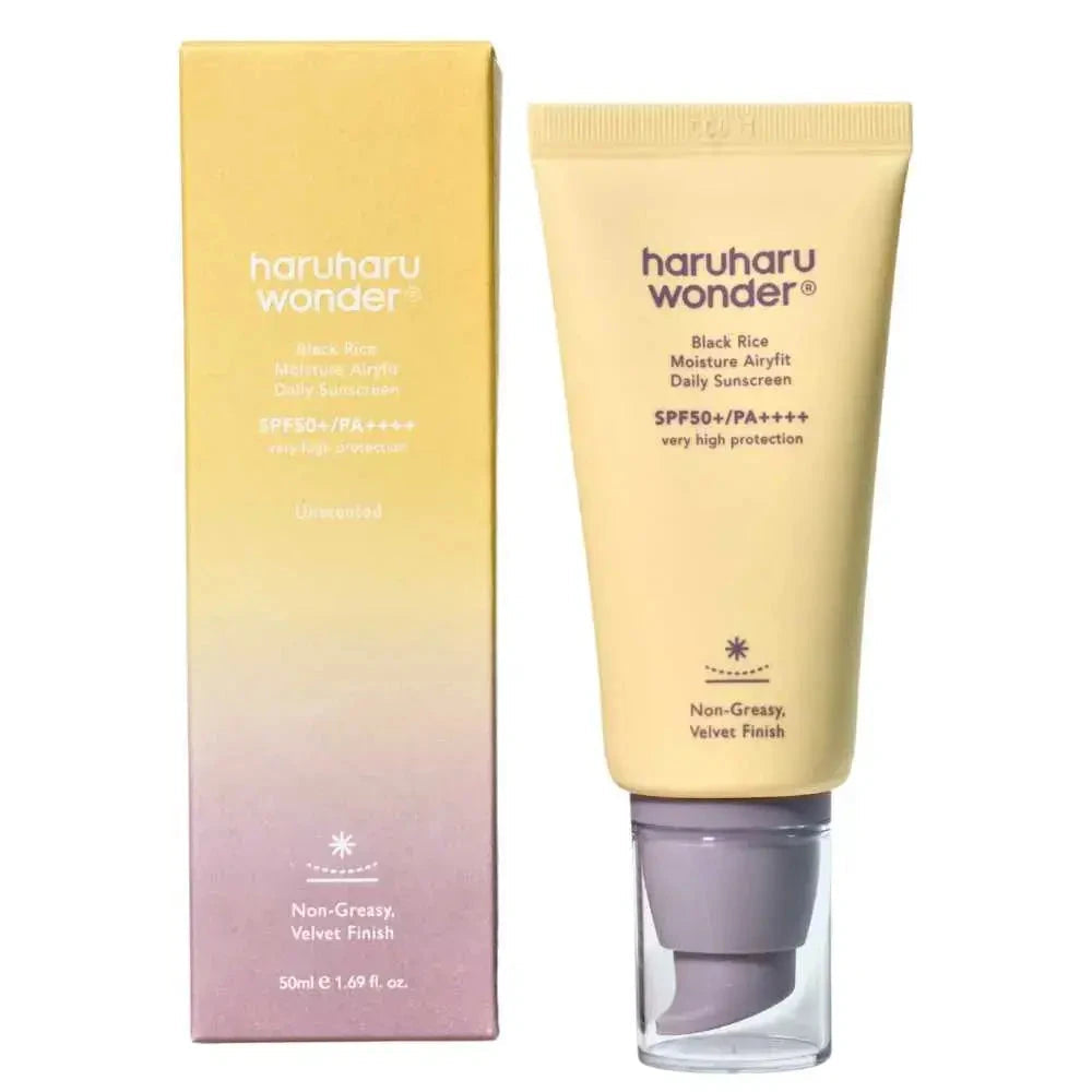 Haruharu Wonder Black Rice Moisture Airyfit Daily Sunscreen SPF50+ PA++++ in a 50ml tube, suitable for K-Beauty skincare routines.