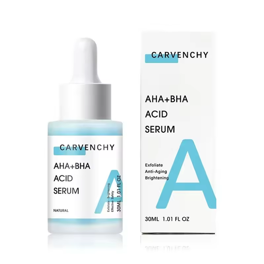 Britains Beauty AHA+BHA Fruit Acid Serum in 30ml bottle, skincare product with clear liquid and dropper applicator