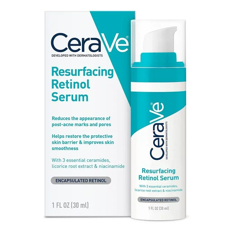 CeraVe Resurfacing Retinol Serum 30ml in a clear pump bottle, displaying the product label and packaging for face skincare.