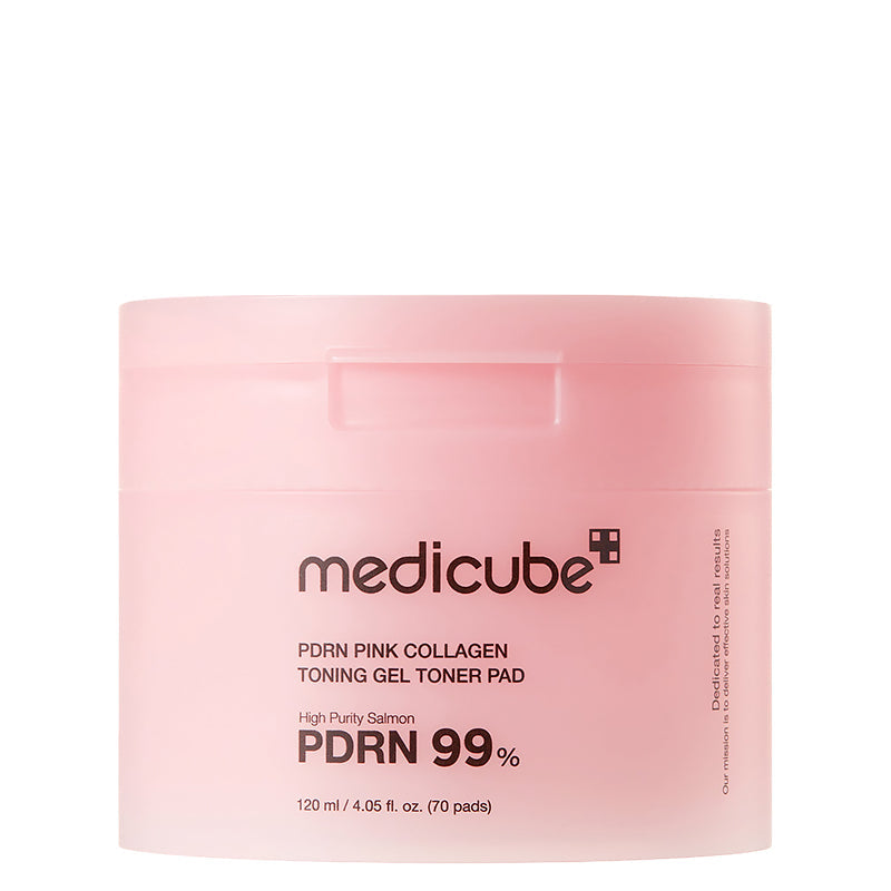 Medicube PDRN Pink Collagen Toning Gel Toner Pad pack of 70, K-beauty skincare product with collagen and PDRN for skin revitalization.